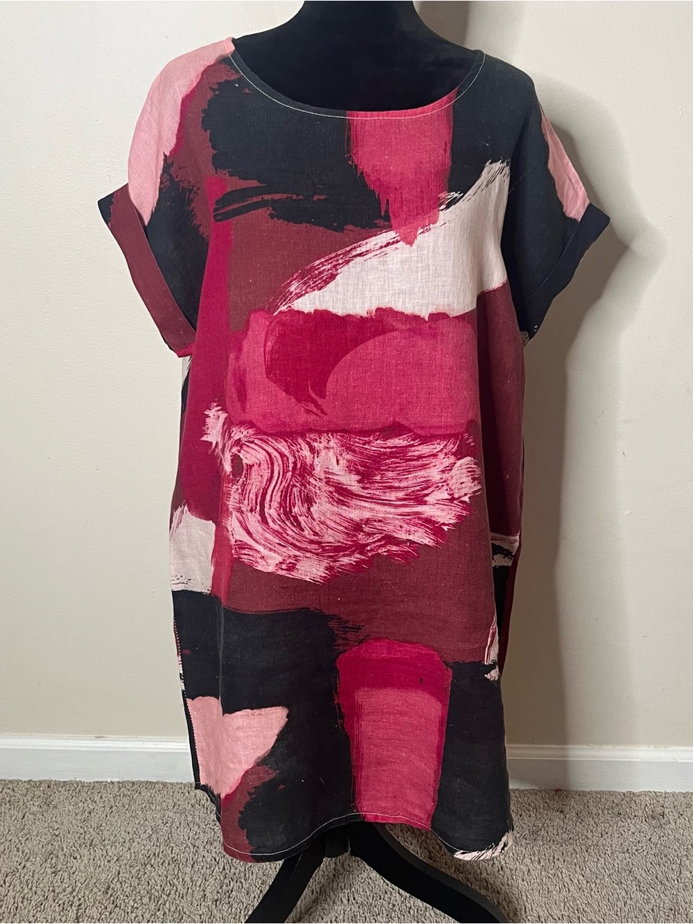 Viola Borghi Women’s Burgundy Black Abstract Brushstroke Linen Tunic Dress Sz L